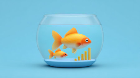 This delightful image features playful goldfish swimming in a round bowl set against a vibrant blue background, symbolizing growth and prosperity.の素材