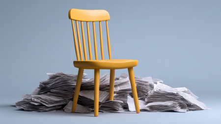 A vibrant yellow chair stands out against a chaotic pile of papers in a minimalist studio setting. This image captures the contrast between simplicity and clutter, ideal for design and office themes.の素材