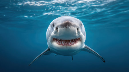 A stunning view of a great white shark swimming through crystal-clear ocean waters, showcasing its powerful presence and intricate features in a vibrant underwater environment.の素材