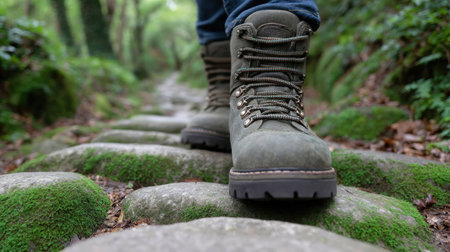 A close-up view captures sturdy green hiking boots on a moss-covered stone path in a dense forest, highlighting nature's beauty and adventure spirit.の素材