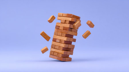 This image features a dynamic arrangement of wooden blocks in various positions, showcasing a tower in motion against a soft purple backdrop. The playful design captures the essence of balance and instability while evoking themes of creativity and fun. Perfect for concepts related to games, education, and childhood play.の素材