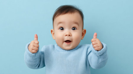 A joyful baby wearing a soft blue sweater expresses excitement with a thumbs up gesture against a light blue background, radiating positivity and cuteness.の素材