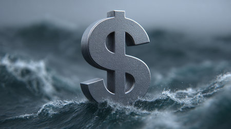 A striking metallic dollar symbol rises amidst turbulent ocean waves, capturing the essence of finance, uncertainty, and the unpredictable nature of the economy.の素材