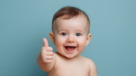 An adorable baby with a cheerful smile and bright eyes gives a thumbs up against a soft blue background. This image captures pure happiness and innocence.の素材
