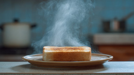 A beautifully toasted slice of bread sits on a plate, surrounded by steam, creating a warm and inviting kitchen atmosphere perfect for breakfast.の素材