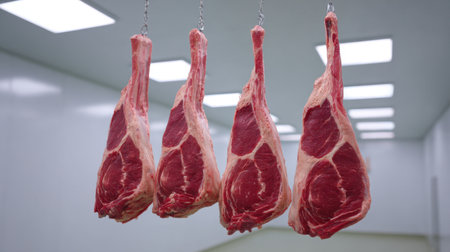 This image features fresh cuts of raw meat hanging in a well-lit refrigeration area of a butcher shop, highlighting the quality and freshness for culinary use.の素材