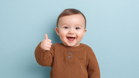This adorable baby expresses pure joy with a thumbs up gesture on a soft blue background. The cheerful smile and playful attitude capture a moment of innocence and happiness.の素材