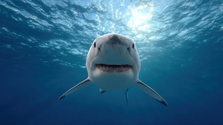 Experience a close-up view of a great white shark swimming gracefully in its natural ocean habitat, showcasing the beauty and power of marine life.の素材