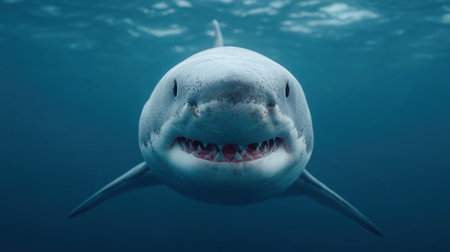 Explore the fascinating world of a great white shark as it swims gracefully in the deep blue ocean, showcasing its powerful form and striking teeth.の素材