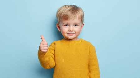 A cheerful young child wearing a cozy yellow sweater poses joyfully with a thumbs up against a soothing light blue background, representing happiness and positivity.の素材