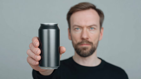 A man stands against a gray background, confidently holding a black can. The focus on the beverage creates a clean and modern aesthetic ideal for various advertising uses.の素材
