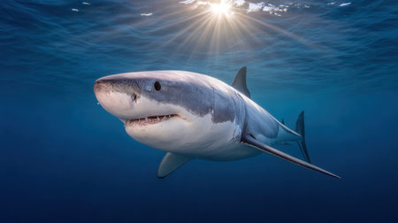 A stunning image of a great white shark in its natural habitat, swimming beneath the sunlit surface of the ocean, showcasing its beauty and power.の素材