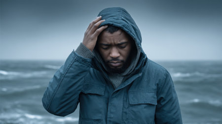 A man stands by the turbulent sea, wearing a blue jacket, with a somber expression as he reflects on his thoughts under a dramatic sky.の素材