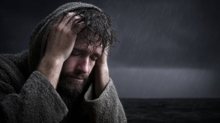 A solitary man in a robe stands against a stormy ocean backdrop, expressing deep emotions of despair and contemplation amid heavy rain.の素材