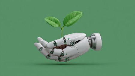 A white robotic hand gently holds a small green plant sprouting from dark soil, emphasizing the blend of technology and nature in a modern eco-friendly setting.の素材
