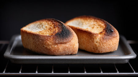 Close-up of toasted bread slices displaying charred edges on a metal tray, set against a dark backdrop, perfect for culinary-themed visuals.の素材