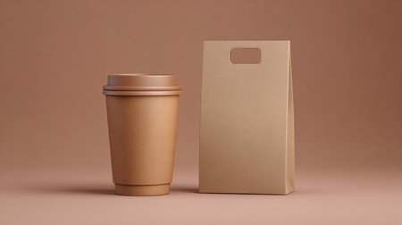 A visually appealing composition featuring a brown coffee cup and a kraft paper bag on a neutral background, perfect for food and beverage marketing visuals.の素材