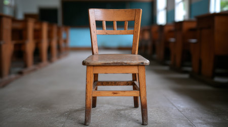 A charming vintage wooden chair stands alone in an empty classroom, bathed in warm, natural light. This scene evokes feelings of nostalgia and simplicity, perfect for education-themed projects.の素材