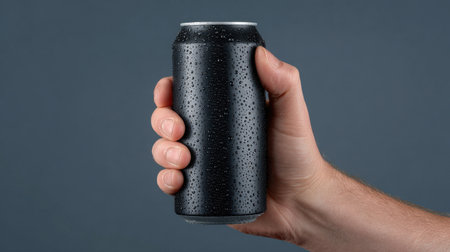 A close-up image featuring a hand gripping a sleek black can adorned with water droplets. The gray background enhances the visual appeal, emphasizing freshness.の素材