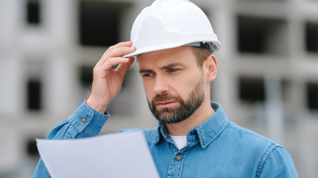 A construction worker wearing a safety helmet and denim shirt studies paperwork intently at a building site, reflecting on project details and planning.の素材