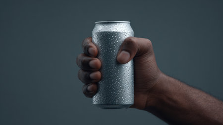 A close-up view of a hand gripping a cold silver soda can adorned with water droplets, set against a dark backdrop, ideal for beverage-related themes.の素材