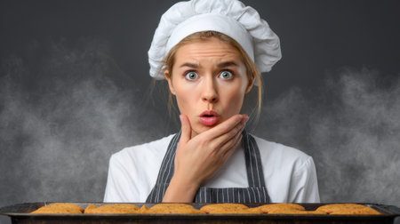 A young female chef stands in a kitchen, surprised and concerned as she examines a tray of cookies. Steam fills the air, highlighting her shocked expression.の素材