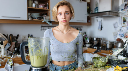 A young woman stands in a messy kitchen surrounded by food splatters from a blender accident. Her expression shows frustration and disbelief, capturing the chaos of home cooking gone wrong.の素材