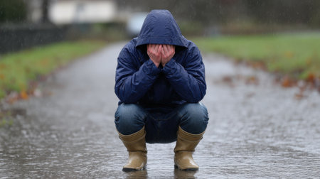 A person wearing rain gear is crouching in a flooded area, hands covering their face, reflecting deep emotions of sadness and despair in rainy weather.の素材