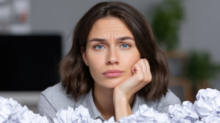 A young woman sits at her home office with a frustrated expression. Crumpled papers surround her, symbolizing the stress and challenges of modern work life.の素材