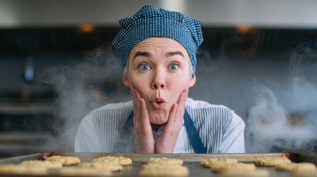 A surprised baker expresses excitement in a bright kitchen, showcasing freshly baked cookies on a tray. Steam rises, filling the air with warmth and aroma, capturing the joy of baking.の素材