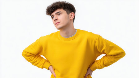 A young man in a yellow sweatshirt stands with his hands on his hips, exuding a thoughtful demeanor. His casual look creates a relaxed atmosphere in this modern portrait, perfect for expressive and lifestyle themes.の素材