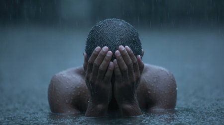 A young adult sits in still water, rain pouring down, hands covering their face in a moment of emotional distress and vulnerability, evoking deep feelings of sorrow.の素材