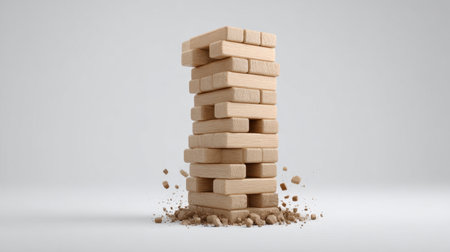 A tower of wooden blocks is stacked carefully on a light surface, with debris around it, symbolizing balance, stability, and playful strategy.の素材