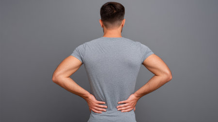 A young man stands with his back to the camera, highlighting tension in his lower back. The gray background emphasizes his posture and the discomfort he experiences, symbolizing the challenges of stress and wellness in modern life.の素材