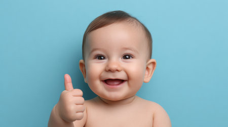 A joyful baby displays a thumbs up gesture on a vibrant blue backdrop, radiating happiness with an infectious smile and playful demeanor. Perfect for family themes.の素材