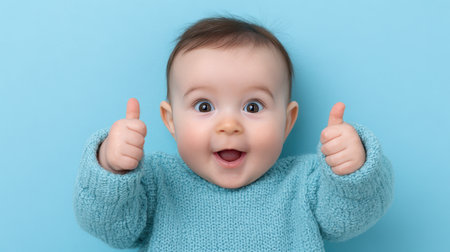 This image features an adorable baby expressing joy and excitement with a thumbs up gesture against a bright blue background. The infant, donned in a cozy sweater, showcases pure happiness with a charming smile that captures the essence of childhood delight.の素材