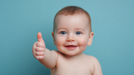 A joyful baby with bright eyes and a wide smile gives a thumbs up gesture against a soft blue background, symbolizing happiness and positivity.の素材