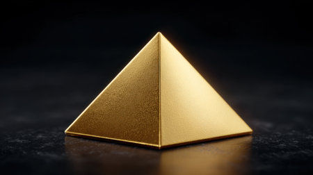 A stunning golden pyramid sculpture stands out with its smooth surface and elegant design against a dark background, perfect for modern themes.の素材