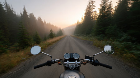A captivating scene captured from a motorcycle perspective, showcasing a serene dirt road flanked by lush trees amidst the early morning mist.の素材