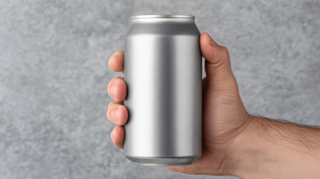 A single hand clutches a plain silver can, perfect for mockup or branding projects. The minimalist gray background enhances focus on the can's design possibilities.の素材