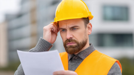 A construction worker in a yellow hard hat and orange vest examines project plans with a serious expression. The background shows a building site.の素材