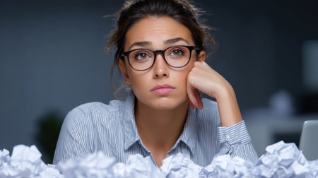 A young woman sits thoughtfully at her desk surrounded by crumpled papers, symbolizing the struggles of creativity and productivity during late-night work sessions.の素材
