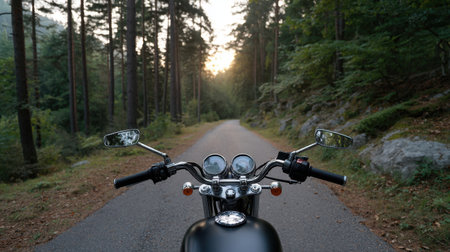 View captures a motorcycle parked on a tranquil forest road at sunset. Lush trees line the path, creating a serene atmosphere ideal for adventure seekers.の素材