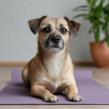 A small brown dog sits gracefully on a yoga mat, demonstrating calm and tranquility in a cozy indoor setting with a potted plant nearby. Perfect for wellness themes!の素材