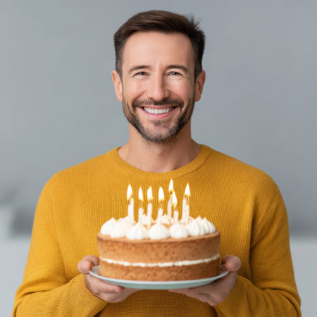 A joyful man in a yellow sweater smiles while holding a delicious birthday cake adorned with candles, creating a festive atmosphere in a cheerful birthday celebration.の素材