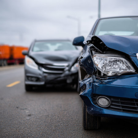 This image captures a close-up view of a damaged blue car after a collision with a gray vehicle, highlighting the aftermath of a road accident on a gloomy day.の素材