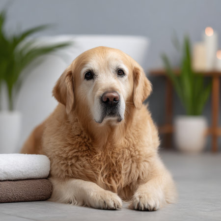 A charming golden retriever rests comfortably in a cozy indoor environment, surrounded by soft towels and green plants, exuding warmth and tranquility.の素材