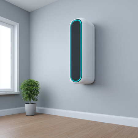 A contemporary air purifier mounted stylishly on the wall enhances the indoor environment, complemented by a small green plant and abundant natural light.の素材