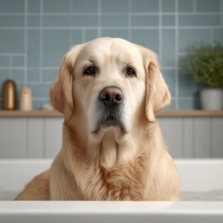A golden retriever enjoys a serene moment in a beautifully designed bathroom, surrounded by soothing decor and soft lighting, capturing the essence of relaxation.の素材