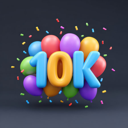 This vibrant image showcases a joyful celebration with colorful balloons and confetti, emphasizing a 10K milestone achievement in a cheerful atmosphere.の素材